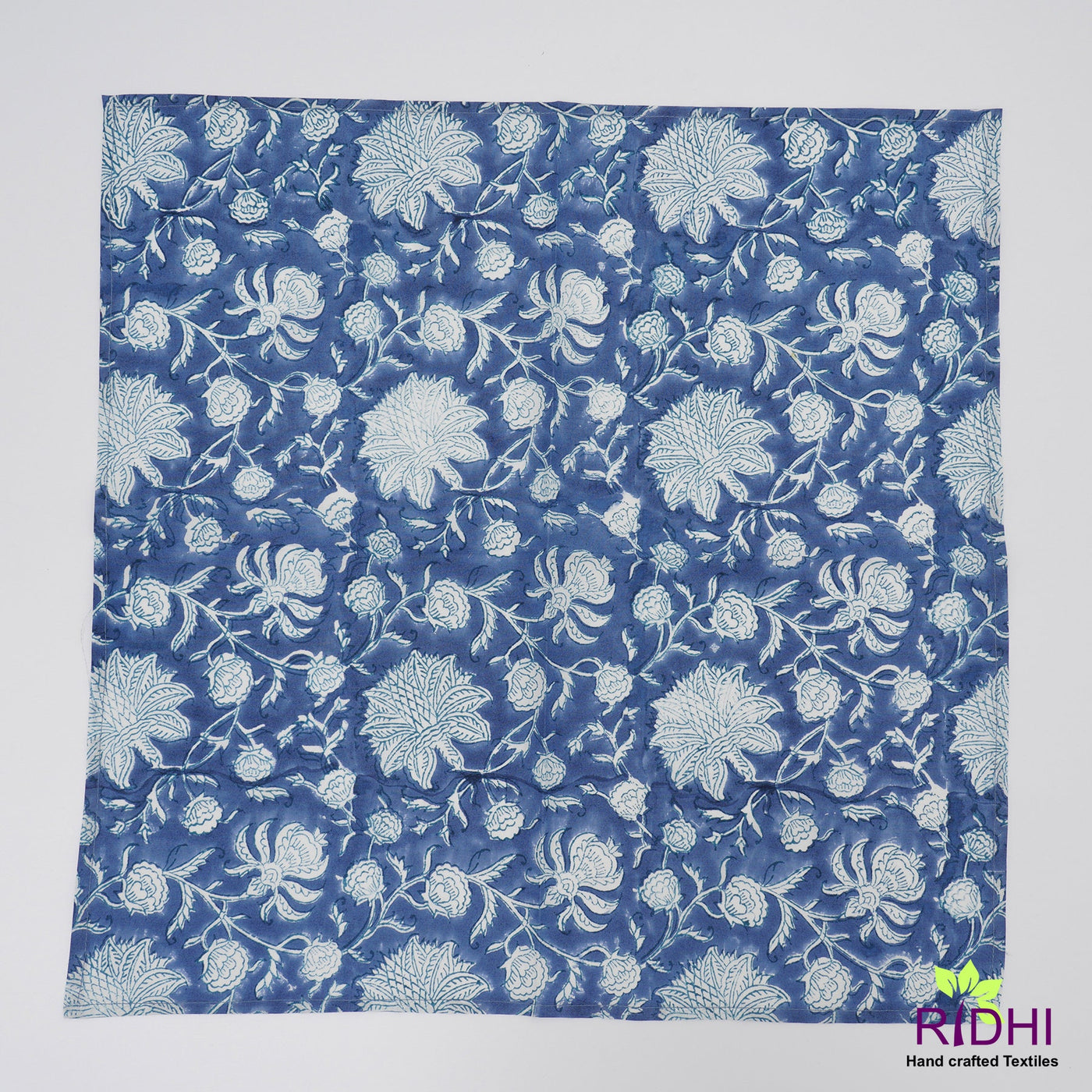 Prussian Blue and White Indian Floral Hand Block Print 100% Pure Cotton Cloth Napkins, Gift, 9x9"- Cocktail Napkins, 20x20"- Dinner Napkins