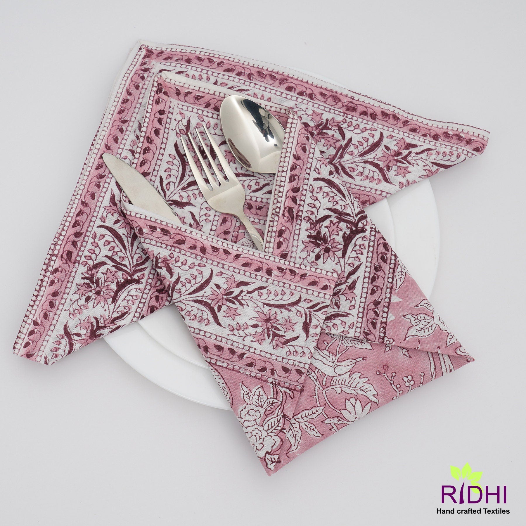 Solid Pink and White Indian Hand Block Floral Printed Border 100% Cotton Dinner Napkins, size-20x20