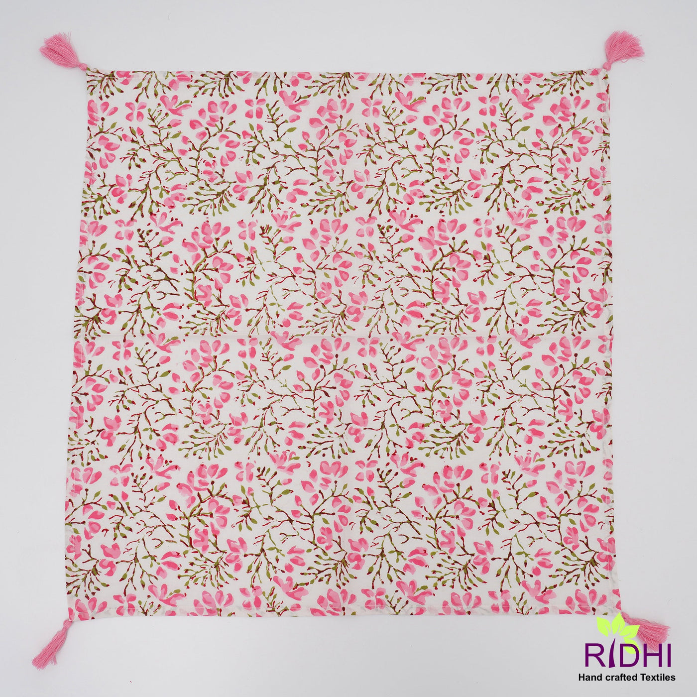 Taffy Pink, Pickle Green Indian Hand Block Floral Printed Cotton Cloth Napkins, Wedding Event Home Party Gift, 9x9"- Cocktail 20x20"- Dinner