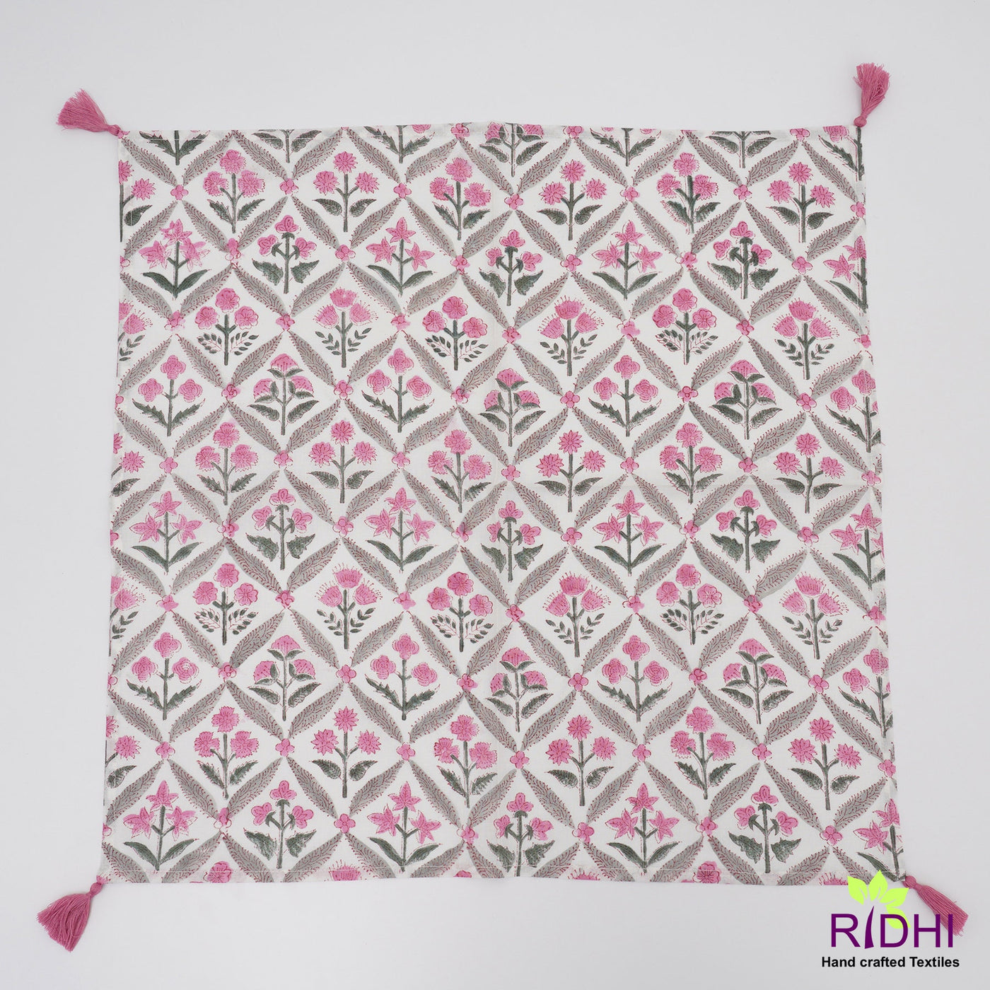 Fabricrush Watermelon Pink, Artichoke and Seaweed Green Indian Floral Hand Block Printed Cloth Napkins, 18X18"- Cocktail Napkins, 20X20"- Dinner Napkins