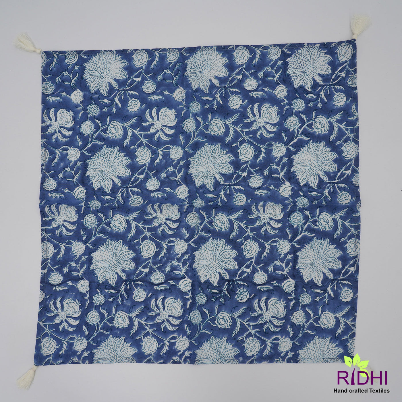 Prussian Blue and Off White Indian Hand Block Floral Printed Cotton Cloth Napkins Wedding Event Party Home Gift 9x9"- Cocktail 2020"- Dinner