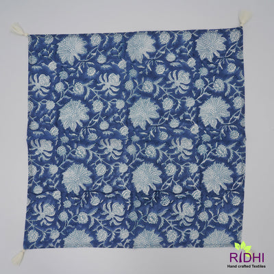 Prussian Blue and Off White Indian Hand Block Floral Printed Tasseled Cotton Cloth Napkins Wedding Event Party Home Gift Cocktail 2020"- Dinner