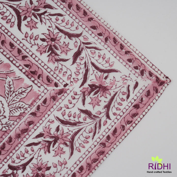 Solid Pink and White Indian Hand Block Floral Printed Border 100% Cotton Dinner Napkins, size-20x20"