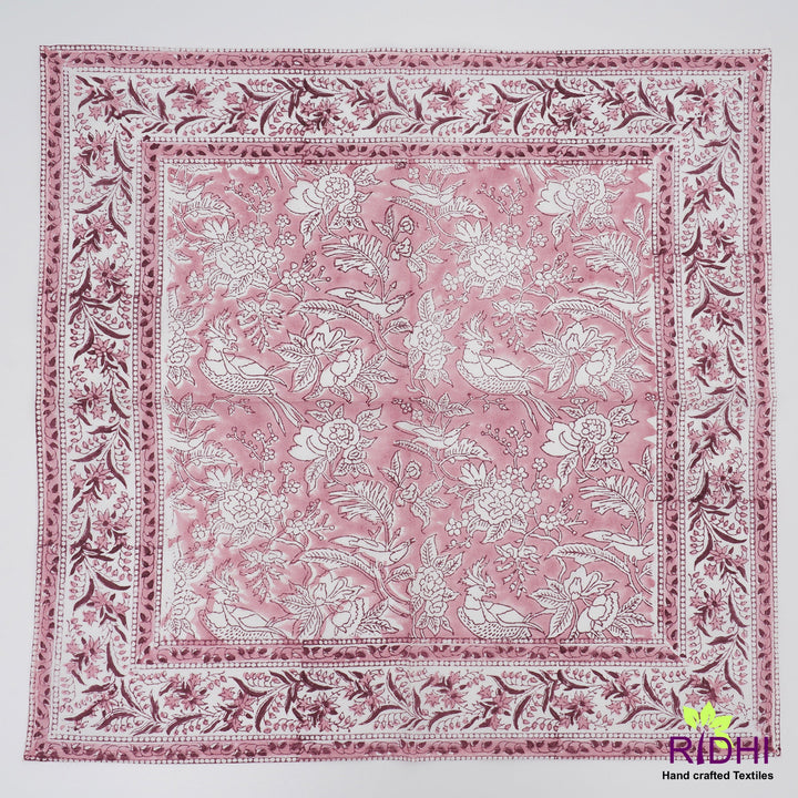 Solid Pink and White Indian Hand Block Floral Printed Border 100% Cotton Dinner Napkins, size-20x20"