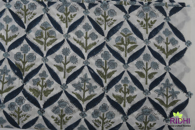 Denim, Stone Blue, Olive Green Indian Hand Block Printed 100% Pure Cotton Cloth, Fabric by the yard, Women's Clothing Curtains Table Runners