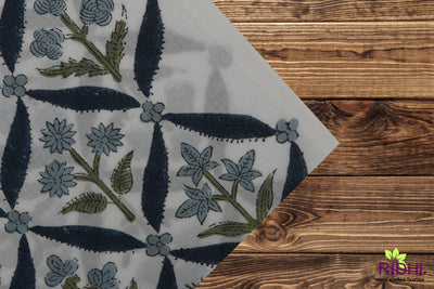 Denim, Stone Blue, Olive Green Indian Hand Block Printed 100% Pure Cotton Cloth, Fabric by the yard, Women's Clothing Curtains Table Runners