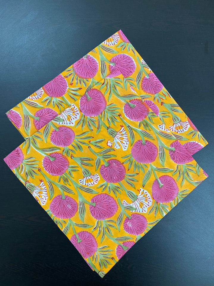 Fabricrush Tangerine Orange, Bubblegum Pink Indian Floral Hand Block Printed Pure Cotton Cloth Napkins, 18x18"- Cocktail Napkins, 20x20"- Dinner Napkins