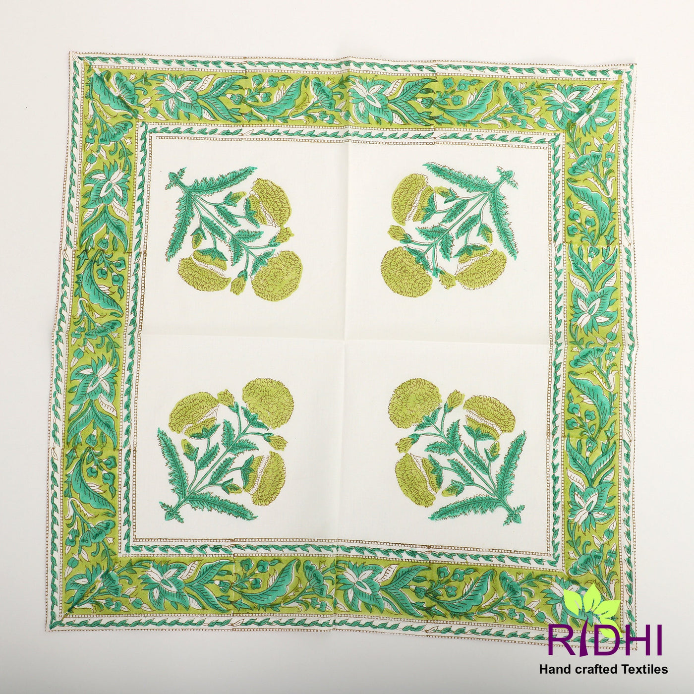 Fabricrush Avocado and Sea Green Indian Hand Block Floral Printed 100% Pure Cotton Cloth Napkins Size 20x20" Eco-friendly Table Decor