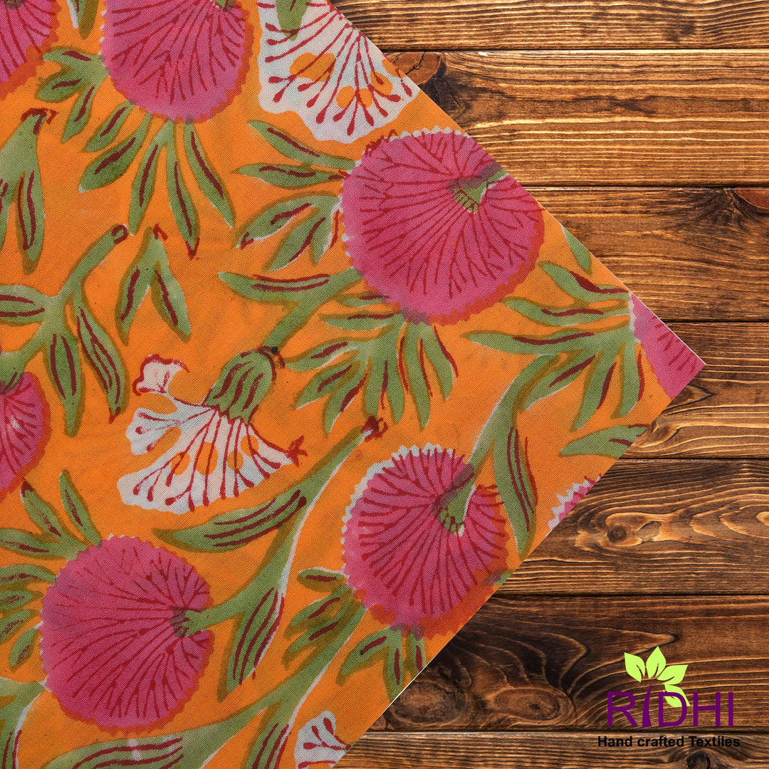 Fabricrush Tangerine Orange, Bubblegum Pink Indian Floral Hand Block Printed Pure Cotton Cloth Napkins, 18x18"- Cocktail Napkins, 20x20"- Dinner Napkins