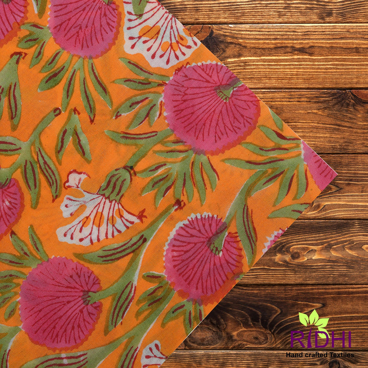 Tangerine Orange, Bubblegum Pink Indian Floral Hand Block Printed Pure Cotton Cloth Napkins