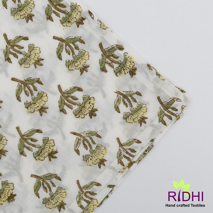 Fabricrush White, Iguana Green Indian Hand Floral Block Printed Pure Cotton Cloth Napkins, 18x18"-Cocktail Napkin, 20x20"- Dinner Napkins