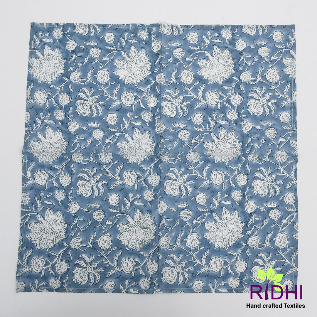 Air Force Blue and White Hand Block Floral Printed 100% Cotton Cloth Dining Napkins