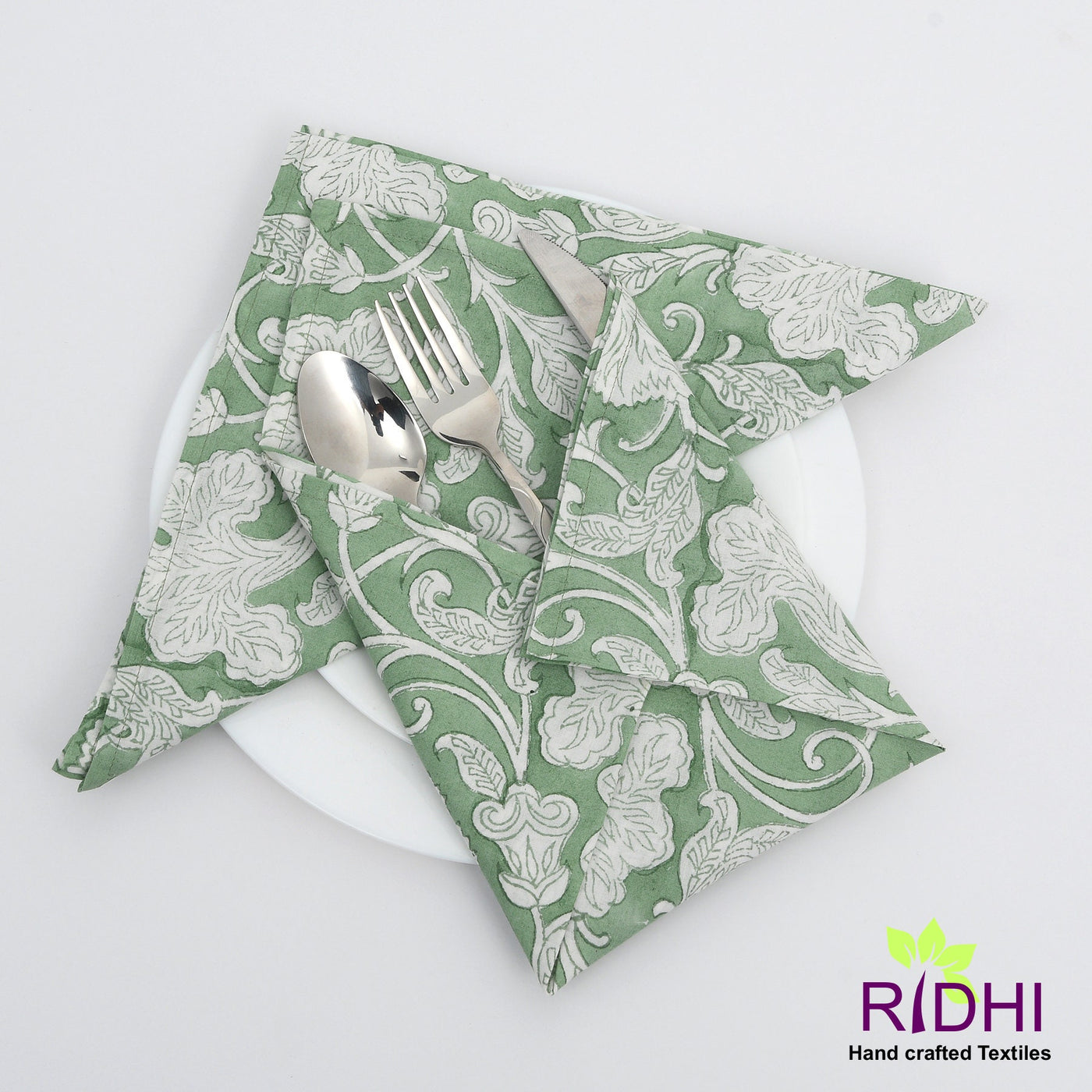 Fabricrush Sage Green and White Indian Floral Hand Block Print 100% Pure Cotton Cloth Napkins 18x18" Inch Gifts, Cocktail Napkins, 20x20"-dinner Napkins