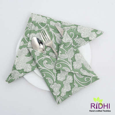 Sage Green and White Indian Floral Hand Block Print 100% Pure Cotton Cloth Napkins, Gifts, Cocktail Napkins, 20x20"-dinner Napkins