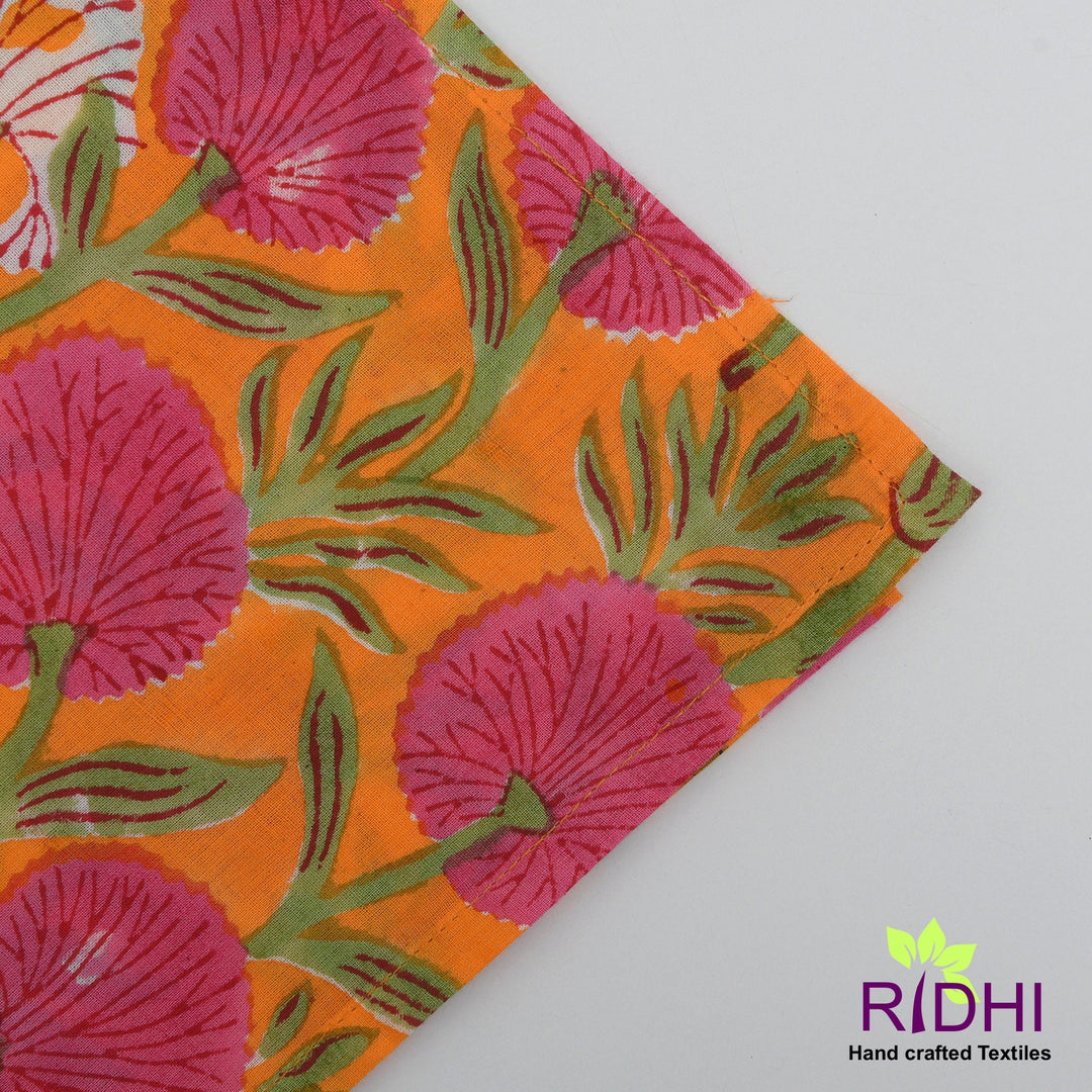 Fabricrush Tangerine Orange, Bubblegum Pink Indian Floral Hand Block Printed Pure Cotton Cloth Napkins, 18x18"- Cocktail Napkins, 20x20"- Dinner Napkins