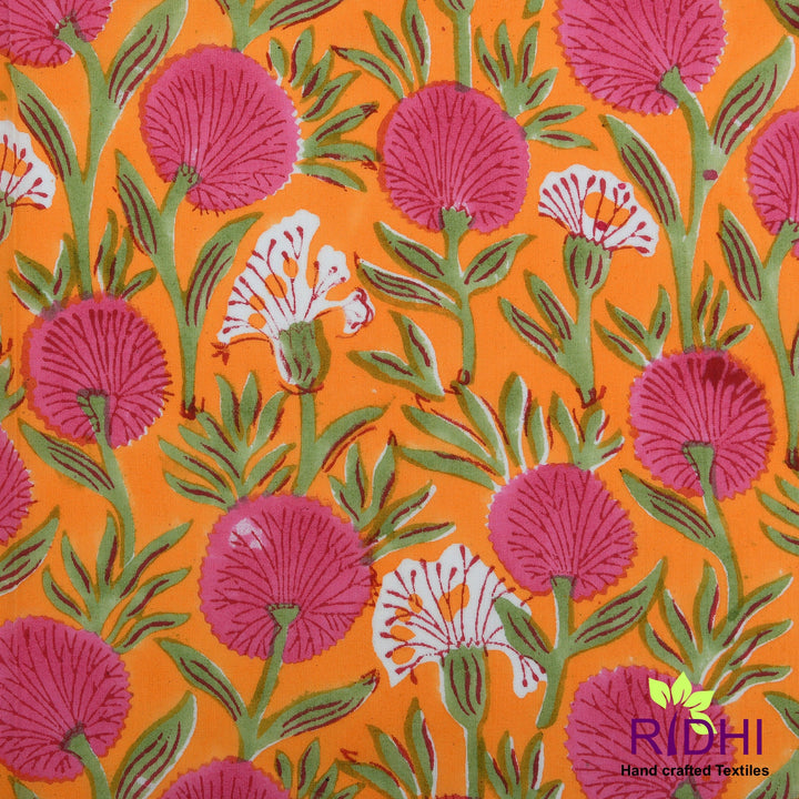 Tangerine Orange, Bubblegum Pink Indian Floral Hand Block Printed Pure Cotton Cloth Napkins