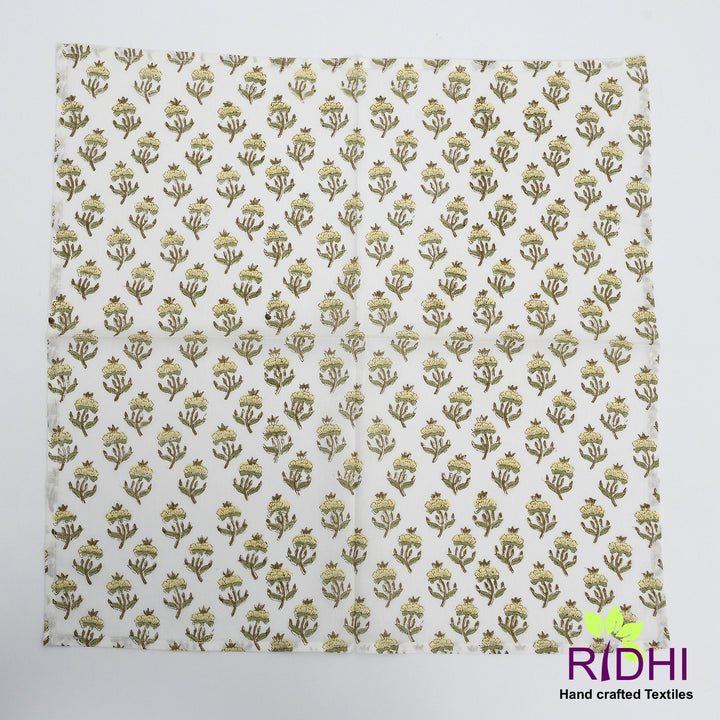 Fabricrush White, Iguana Green Indian Hand Floral Block Printed Pure Cotton Cloth Napkins, 18x18"-Cocktail Napkin, 20x20"- Dinner Napkins