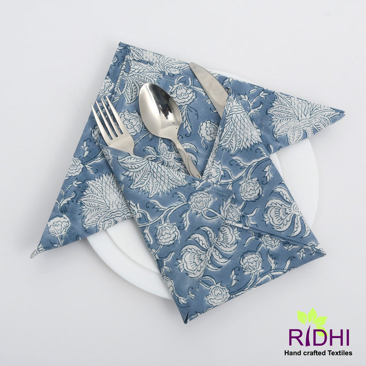 Air Force Blue and White Hand Block Floral Printed 100% Cotton Cloth Dining Napkins
