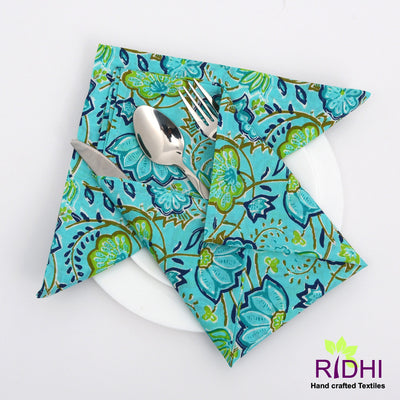 Cerulean and Indigo Blue, Pear Green Indian Hand Block Floral Printed Pure Cotton Cloth Napkins, 18x18"-Cocktail Napkins 20x20"-Dinner Napkins