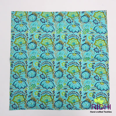 Cerulean and Indigo Blue, Pear Green Indian Hand Block Floral Printed Pure Cotton Cloth Napkins, 18x18"-Cocktail Napkins 20x20"-Dinner Napkins