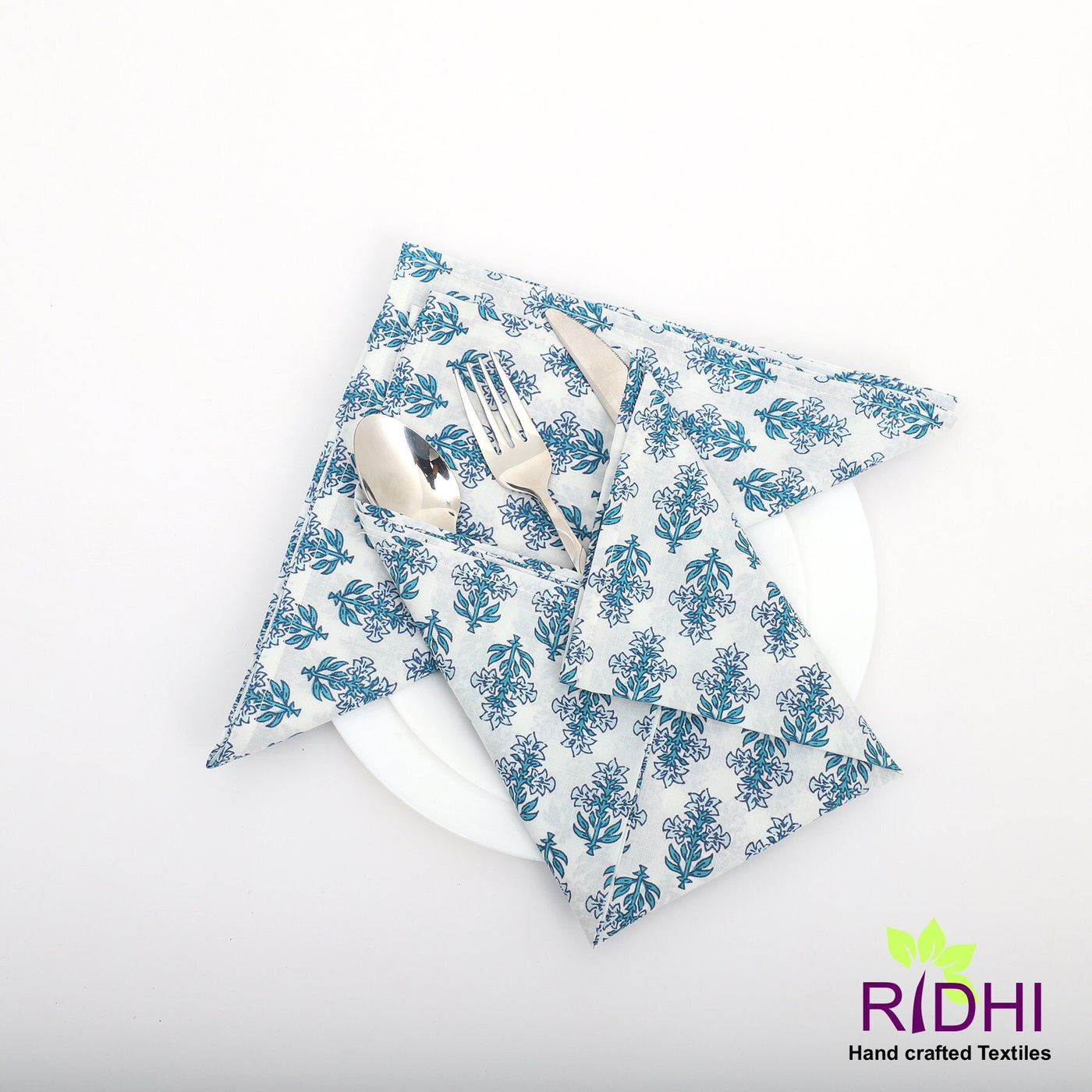 Powder and Ocean Blue Indian Floral Printed 100% Pure Cotton Cloth Napkins, Valentines Gift, 18x18"- Cocktail Napkins, 20x20"- Dinner Napkins