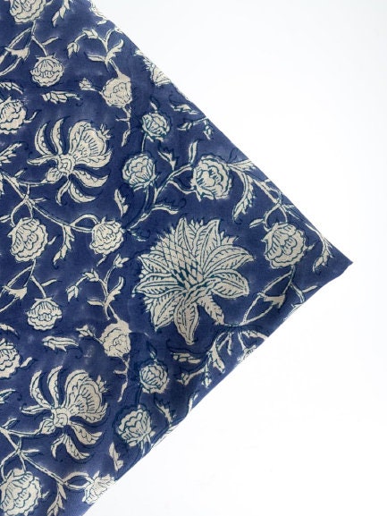 Aegean Blue and White Hand-Block Printed Cotton Cloth