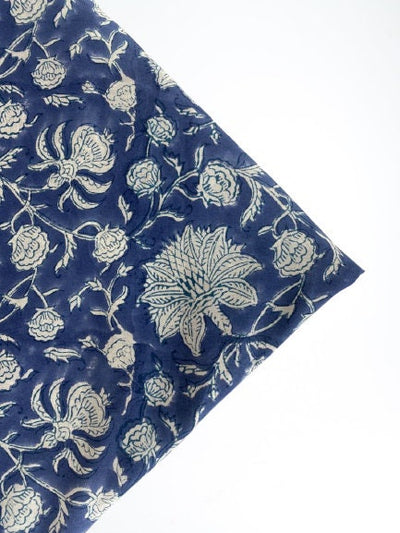 Prussian Blue and White Indian Floral Hand Block Printed 100% Pure Cotton Cloth, Fabric by the yard, Lamp shade Curtains Pillows Duvet Cover