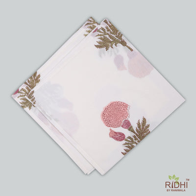 Salmon and Thulian Pink, Moss Green Indian Hand Block Printed 100% Pure Cotton Cloth Napkins, 9x9"- Cocktail Napkins, 20x20"- Dinner Napkins