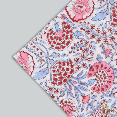 Fabricrush Pigeon Blue, Flamingo Pink Indian Floral Hand Block Printed 100% Pure Cotton Cloth Napkins, 18x18"- Cocktail Napkins, 20x20"- Dinner Napkins