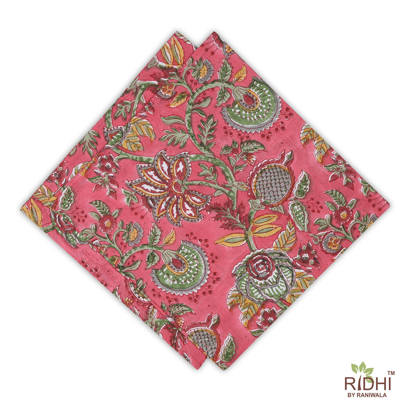Thulian Pink, Fern Green, Tuscan Yellow Indian Hand Block Floral Printed Cotton Cloth Napkins, 18x18"- Cocktail Napkins 20x20"- Dinner Napkins