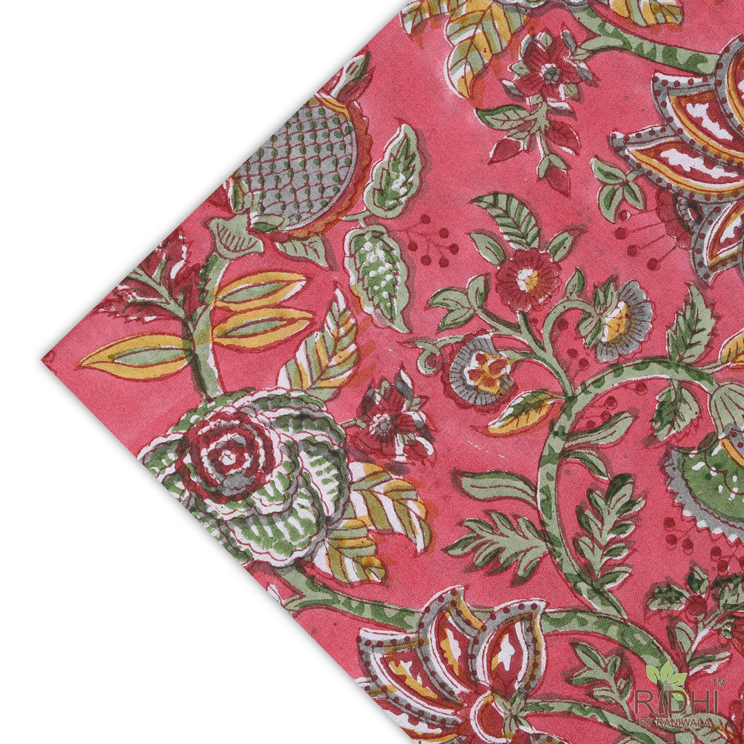 Fabricrush Thulian Pink, Fern Green, Tuscan Yellow Indian Hand Block Floral Printed Cotton Cloth Napkins, 18x18"- Cocktail Napkins 20x20"- Dinner Napkins