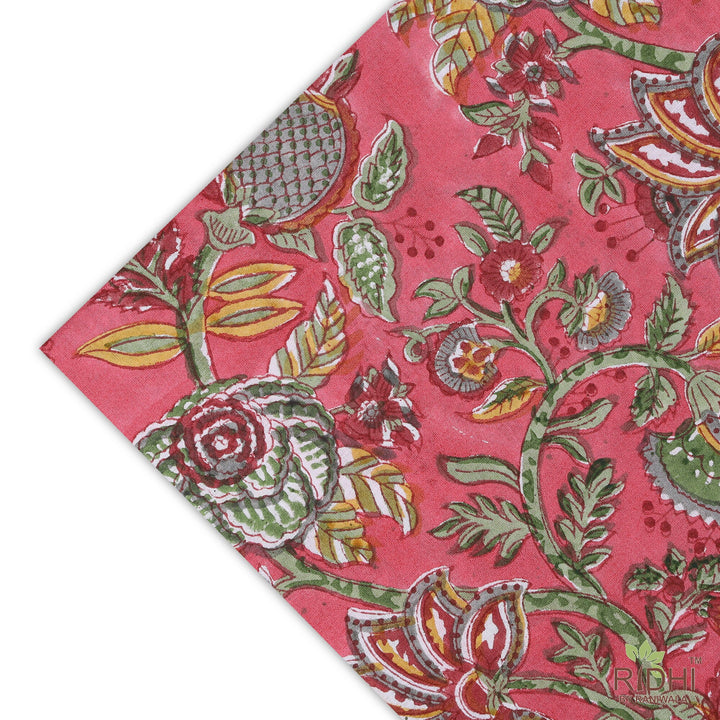 Fabricrush Thulian Pink, Fern Green, Tuscan Yellow Indian Hand Block Floral Printed Cotton Cloth Napkins, 18x18"- Cocktail Napkins 20x20"- Dinner Napkins