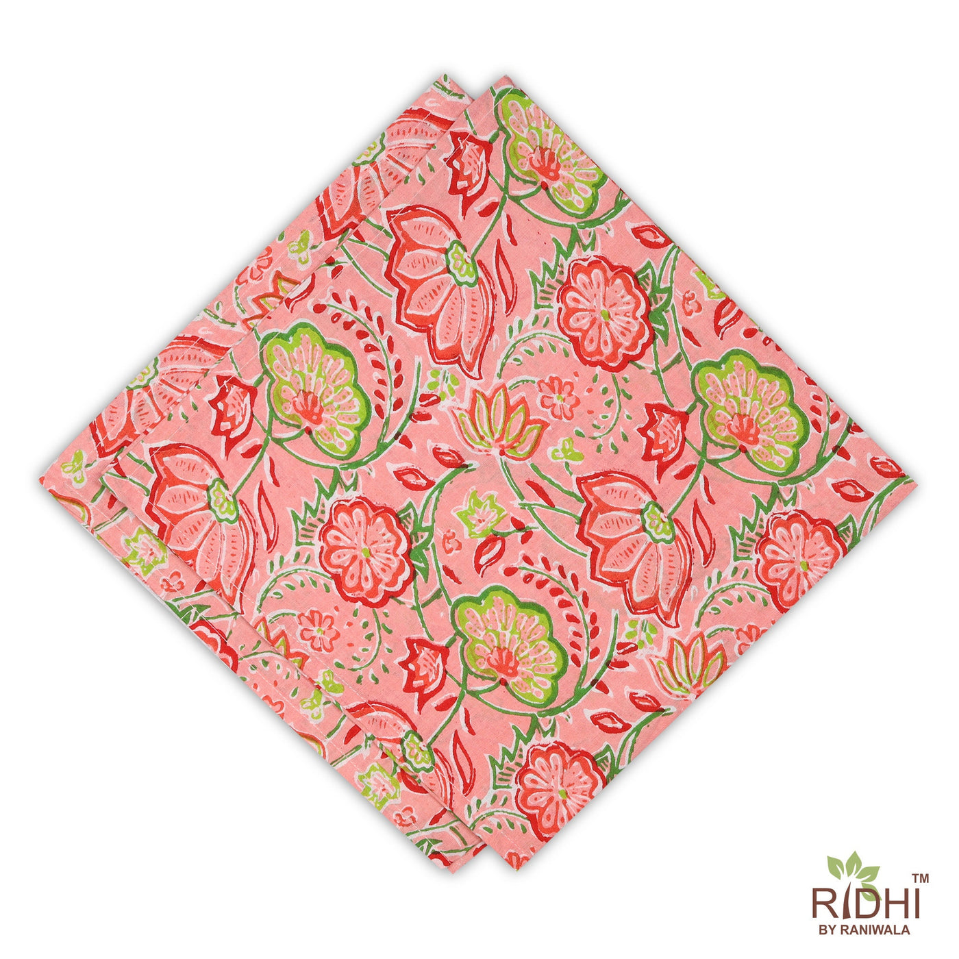 Coral Pink, Forest and Kelly Green Indian Floral Printed Pure Cotton Napkins, Wedding Decor, 18x18"- Cocktail Napkins, 20x20"- Dinner Napkins