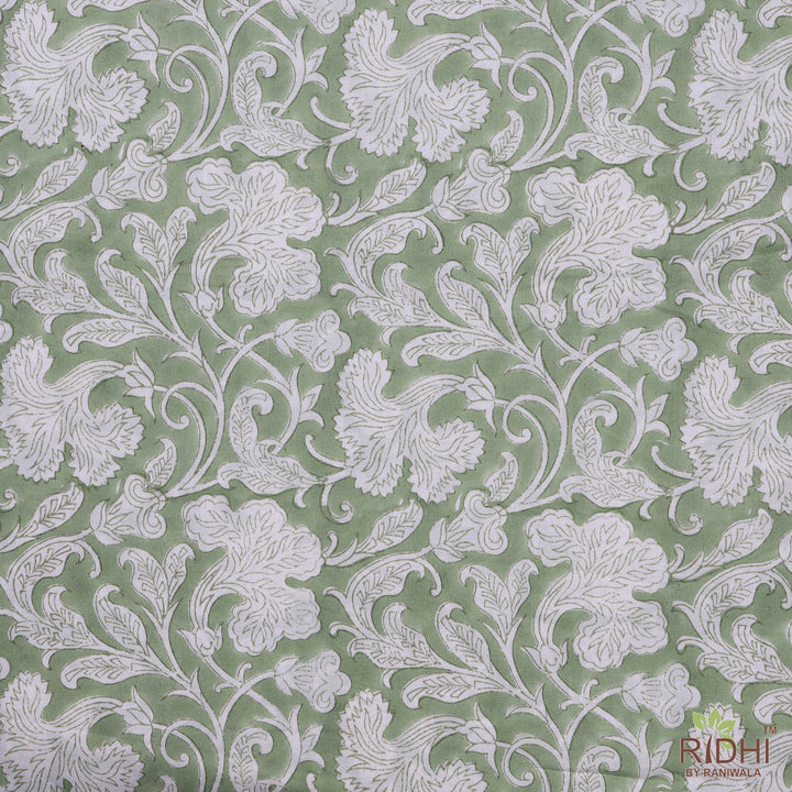 Sage Green and White Hand-Block Printed Cotton Cloth