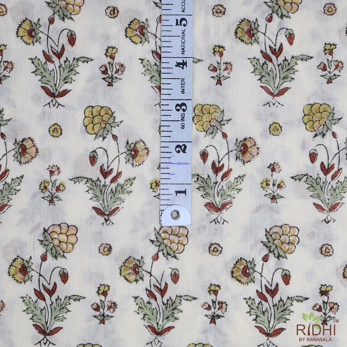 Floral Ivory, Goldenrod, Army Green Indian Floral Hand Block Printed 100% Pure Cotton Cloth, Fabric by the yard, Women's Clothing Curtains