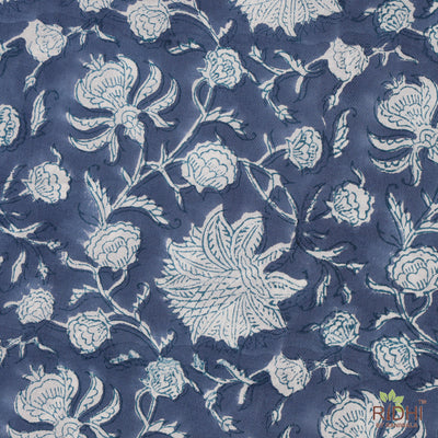 Fabricrush Prussian Blue and White Indian Floral Hand Block Printed 100% Pure Cotton Cloth, Fabric by the yard, Lamp shade Curtains Pillows Duvet Cover
