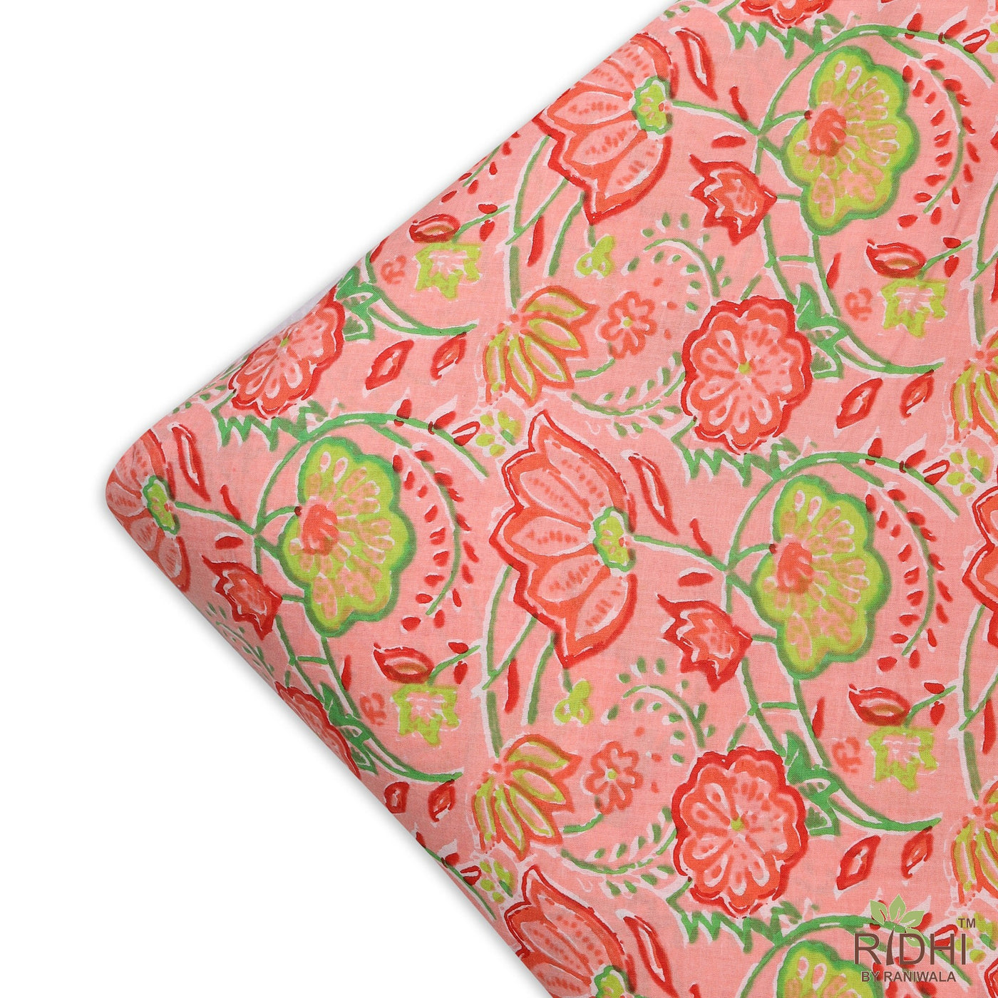 Fabricrush Coral Pink, Forest and Kelly Green Indian Floral Printed 100% Pure Cotton Cloth, Fabric by the yard, Women's Clothing Curtains Pillows Bags