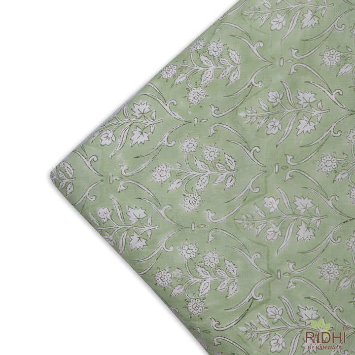 Fabricrush Pear Green, Off White Indian Floral Hand Block Printed 100% Pure Cotton Cloth, Fabric by the yard, Women's Clothing Curtains Dresses Cover