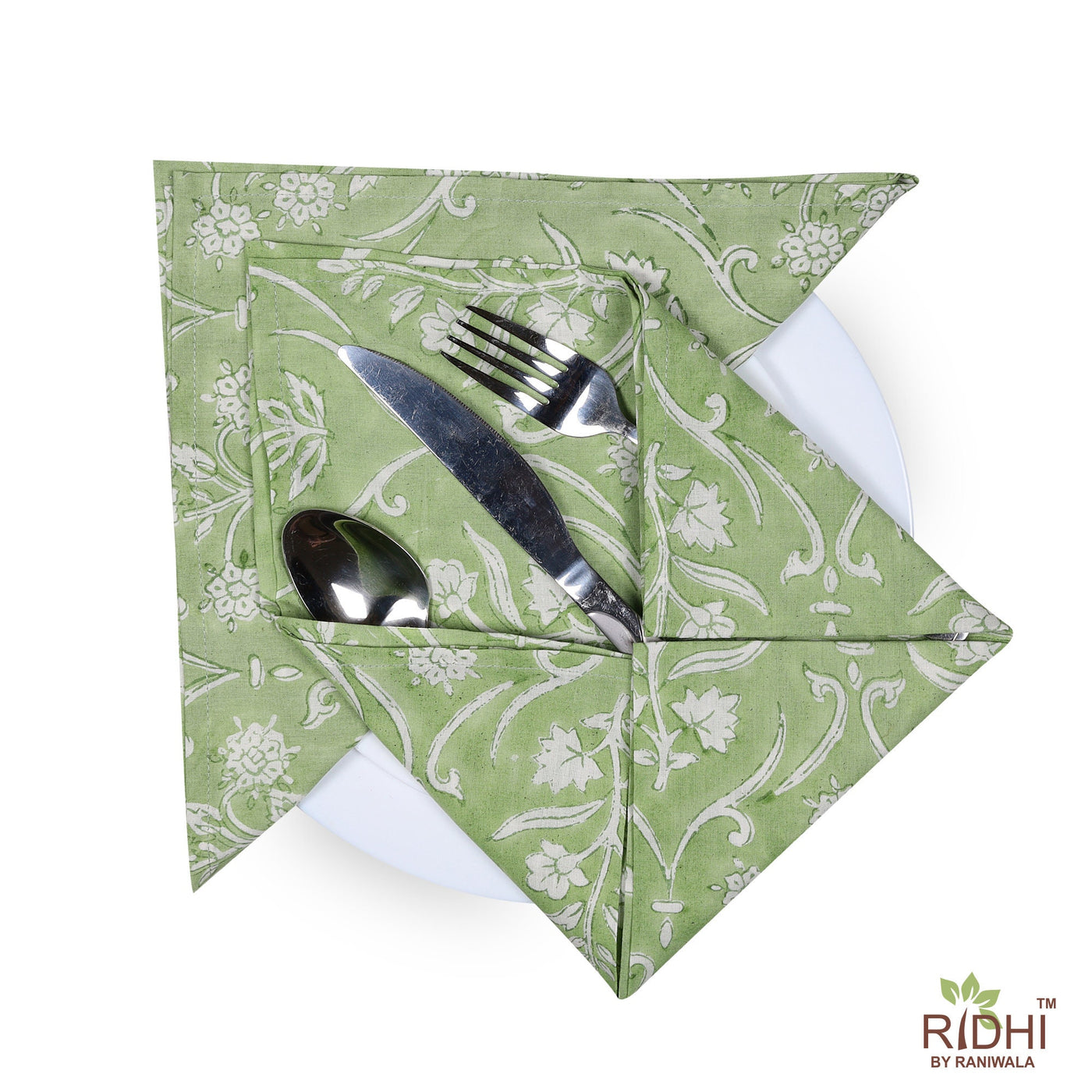 Fabricrush Sage Green and White Indian Floral Hand Block Floral Printed Pure Cotton Cloth Napkins, 18x18"- Cocktail Napkins, 20x20"- Dinner Napkins