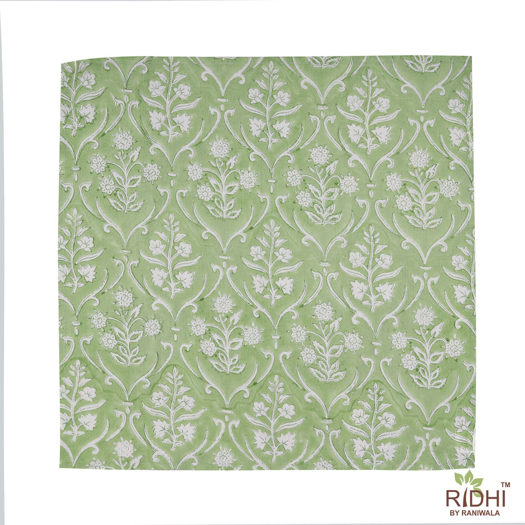 Fabricrush Sage Green and White Indian Floral Hand Block Floral Printed Pure Cotton Cloth Napkins, 18x18"- Cocktail Napkins, 20x20"- Dinner Napkins