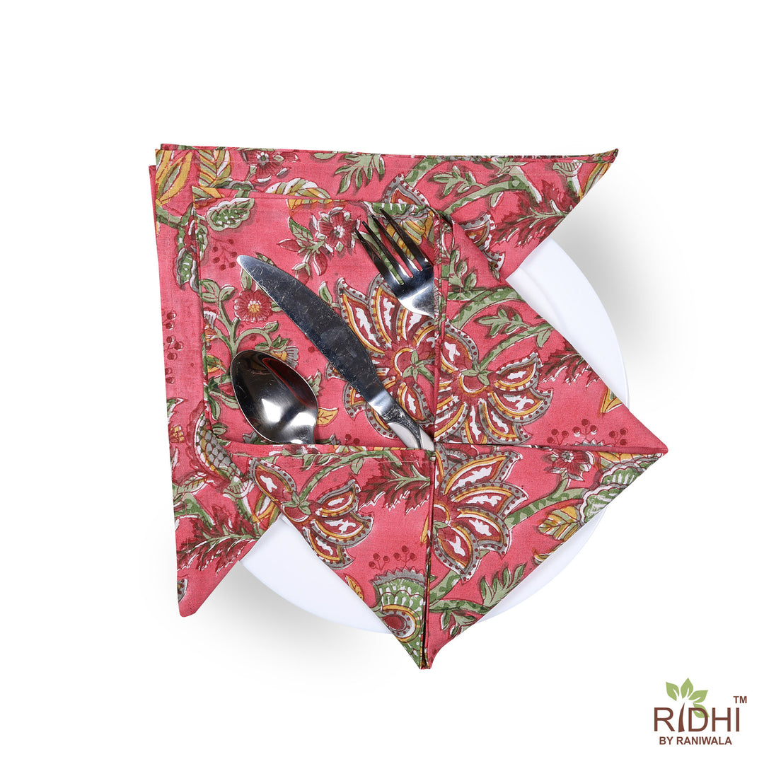 Fabricrush Thulian Pink, Fern Green, Tuscan Yellow Indian Hand Block Floral Printed Cotton Cloth Napkins, 18x18"- Cocktail Napkins 20x20"- Dinner Napkins