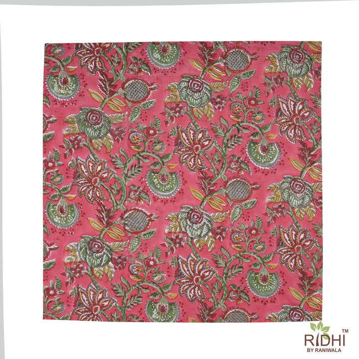 Fabricrush Thulian Pink, Fern Green, Tuscan Yellow Indian Hand Block Floral Printed Cotton Cloth Napkins, 18x18"- Cocktail Napkins 20x20"- Dinner Napkins