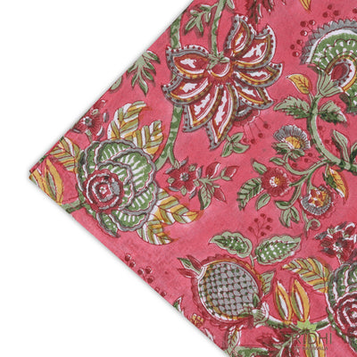 Fabricrush Thulian Pink, Fern Green, Tuscan Yellow Indian Hand Block Floral Printed Cotton Cloth Napkins, 18x18"- Cocktail Napkins 20x20"- Dinner Napkins