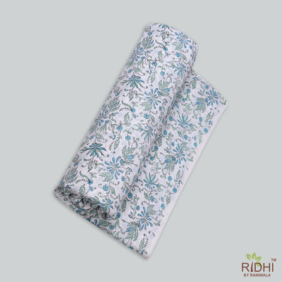 Fabricrush Cerulean Blue and Fern Green Indian Floral Hand Block Printed 100% Pure Cotton Cloth, Fabric by the yard, Women's Clothing Curtains Pillows