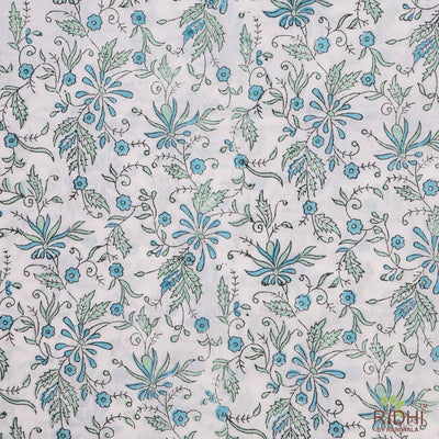 Cerulean Blue and Fern Green Indian Floral Hand Block Printed 100% Pure Cotton Cloth, Fabric by the yard, Women's Clothing Curtains Pillows