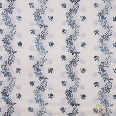 Grey, Carolina and Powder Blue Indian Floral Hand Block Printed 100% Cotton Cloth, Fabric by the yard, Curtains Pillows Dresses Lamp Shades