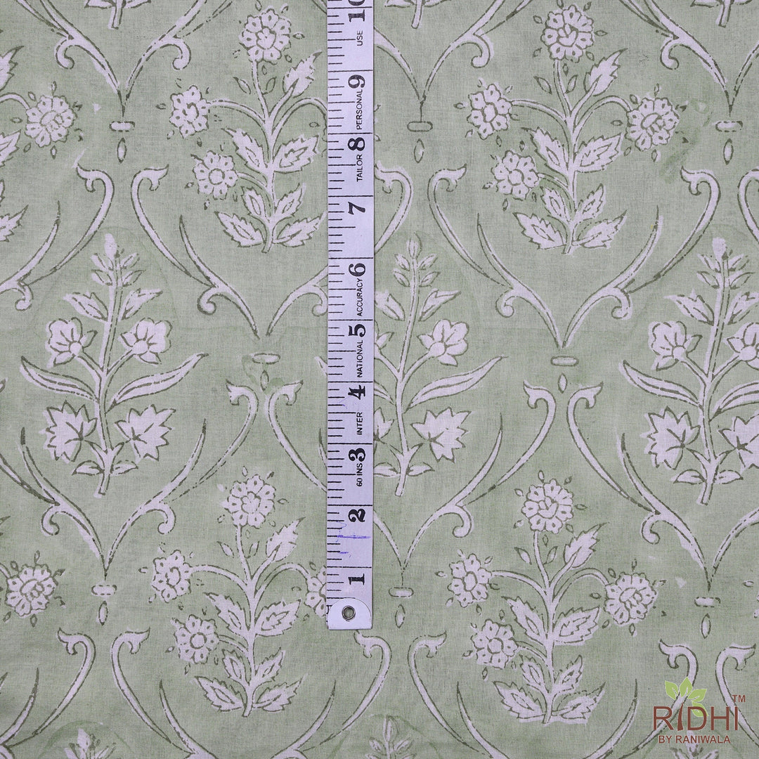 Fabricrush Pear Green, Off White Indian Floral Hand Block Printed 100% Pure Cotton Cloth, Fabric by the yard, Women's Clothing Curtains Dresses Cover