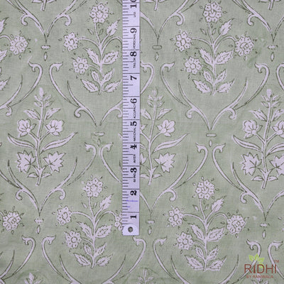 Sage Green 2, Off White Indian Floral Hand Block Printed 100% Pure Cotton Cloth, Fabric by the yard, Women's Clothing Curtains Dresses Cover