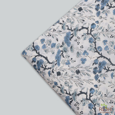 Spruce, Carolina and Powder Blue Floral Indian Hand Block Printed 100% Pure Cotton Cloth, Fabric by the yard, Quilt Fabric, Women's clothing