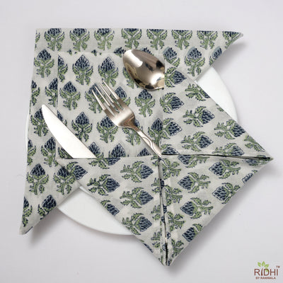 Airforce Blue, Fern Green Indian Hand Block Floral Printed Cotton Cloth Napkins, Face Covers, 18x18"- Cocktail Napkins, 20x20"- Dinner Napkins